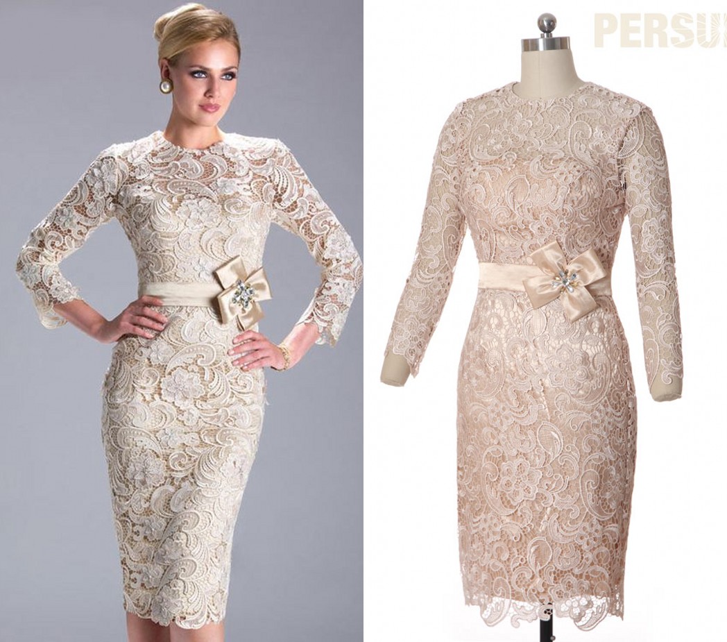 robe mère mariée courte champagne moulante avec manches en dentelle guipure