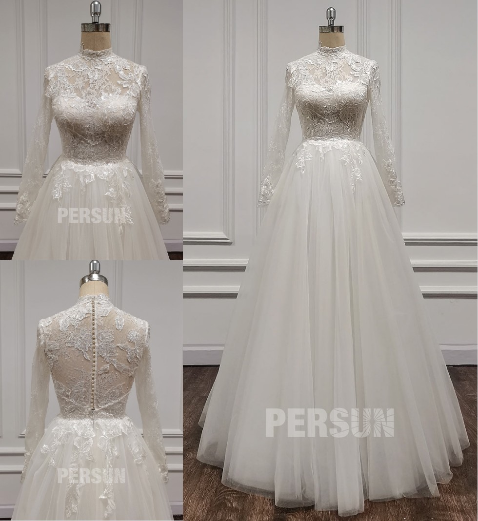 robe de mariée 2021 col haut manches longues en dentelle appliquée