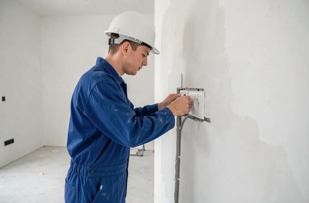 Électricien Ab' Elec installant une prise électrique dans une maison neuve à Troyes