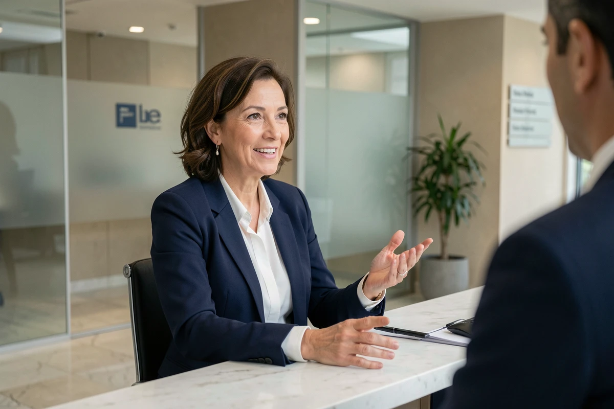 Femme professionnelle à l'accueil d'une entreprise française accueillant un visiteur avec un geste bienveillant