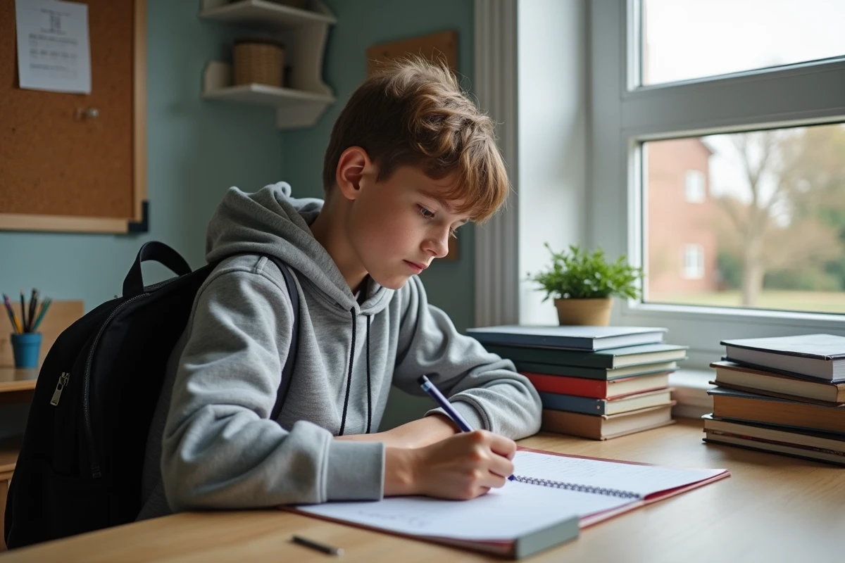 Adolescent planifiant les dates de la rentrée 2026 dans un agenda scolaire posé sur un bureau