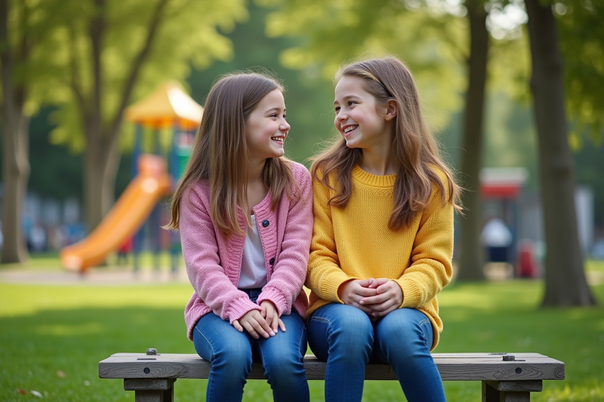 Deux adolescentes discutant dans un parc en souriant