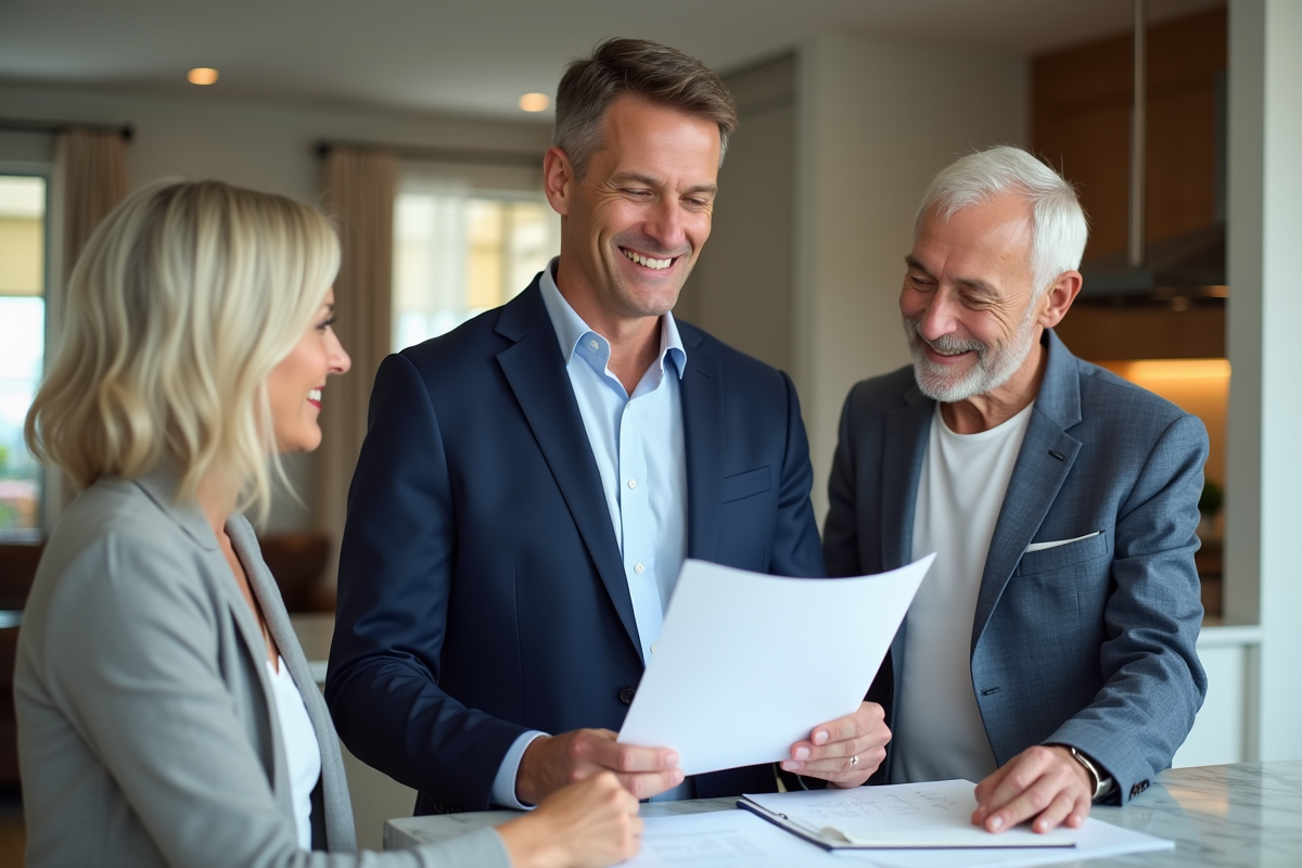 Agent immobilier avec couple dans cuisine moderne