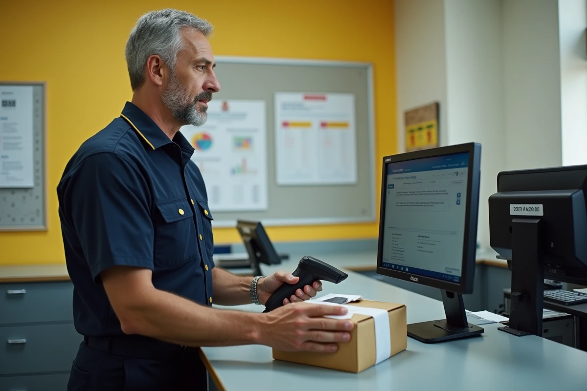 Agent postal masculin scannant un colis au comptoir d'un bureau de poste à Maurice avec un écran de validation d'adresse visible