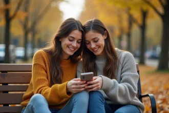 Deux amies assises sur un banc de parc en automne, regardant un téléphone ensemble en souriant, illustrant le partage de textes d'amitié