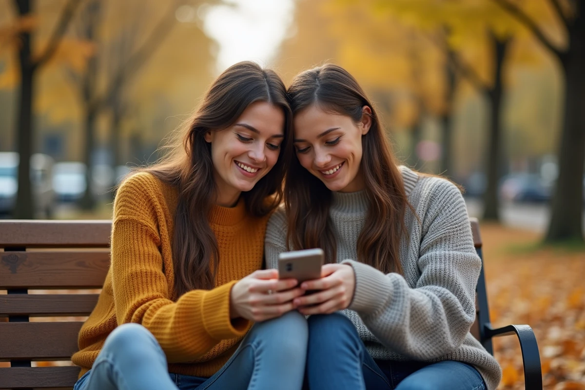 Deux amies assises sur un banc de parc en automne, regardant un téléphone ensemble en souriant, illustrant le partage de textes d'amitié