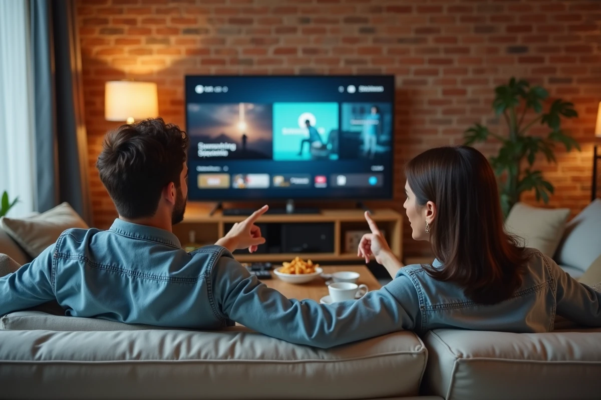 Deux amis discutant du choix d'une plateforme de streaming anime devant un téléviseur connecté dans un salon