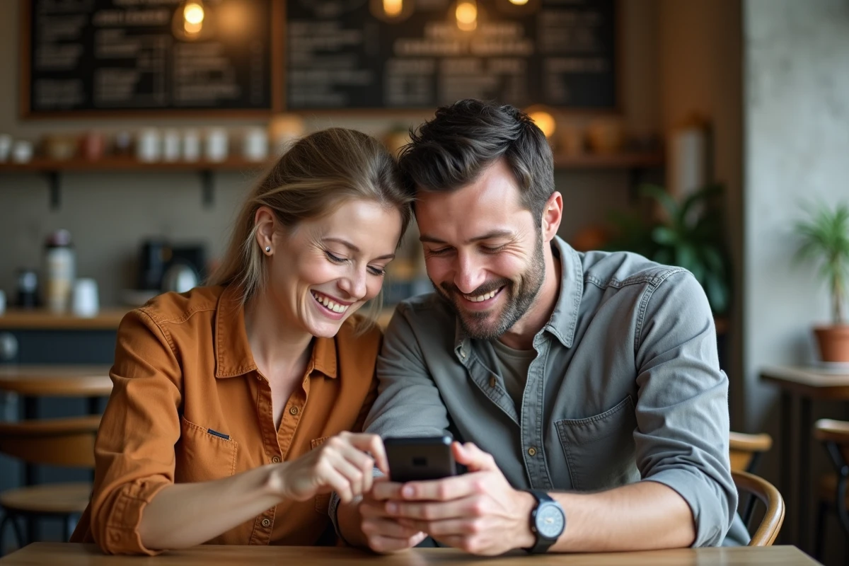 Deux amis jouant ensemble à Cimentix sur smartphone dans un café urbain tendance