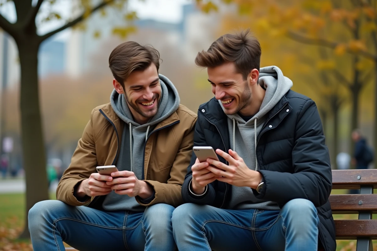 Deux jeunes hommes souriants regardant un message sur un smartphone dans un parc