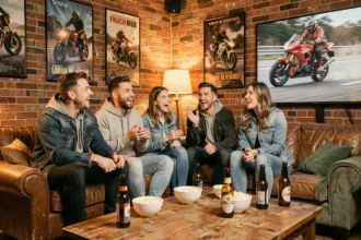 Groupe d'amis regardant un film de moto dans un salon cosy avec popcorn et ambiance décontractée