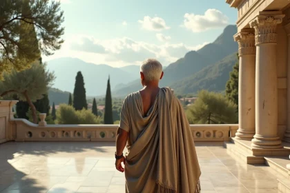 Homme grec ancien contemplant les montagnes depuis un temple