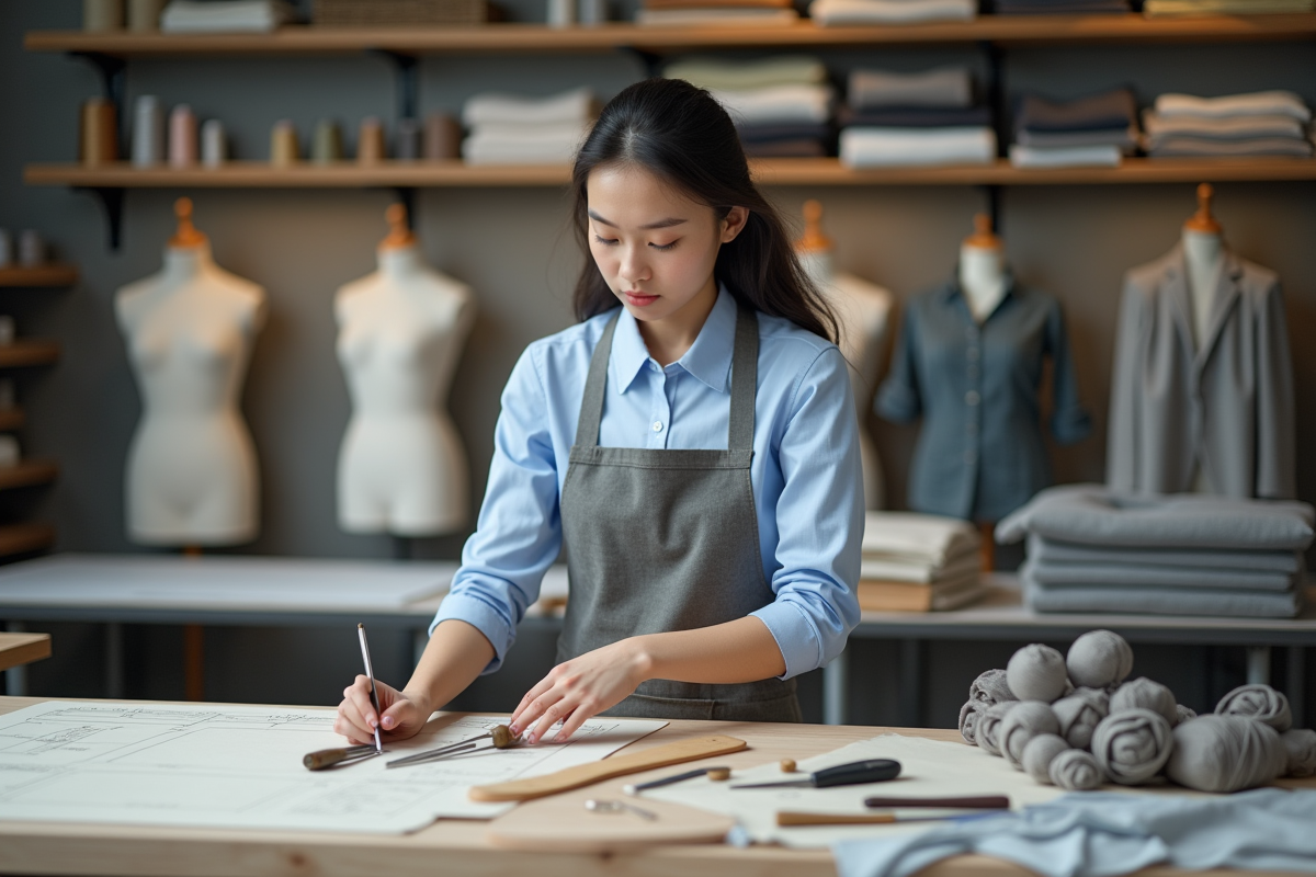 Jeune apprentie couture dans studio moderne