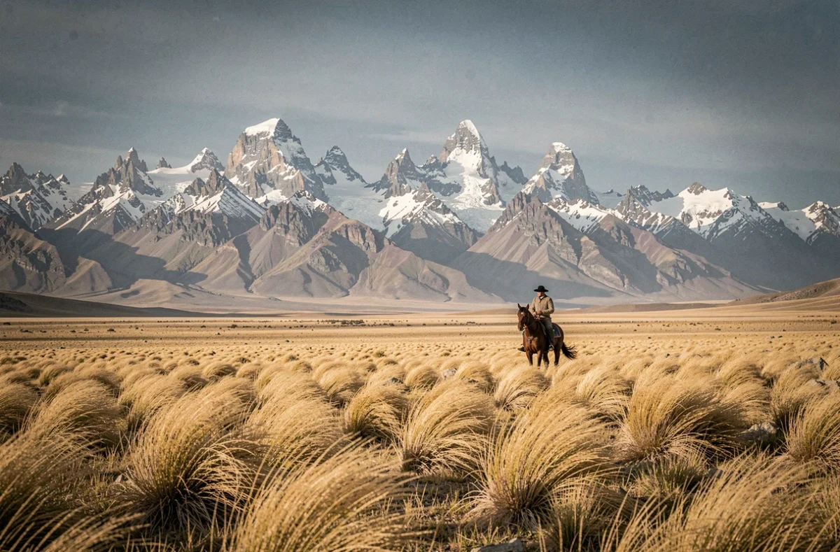 Gaucho à cheval sur la steppe patagonienne argentine avec les Andes enneigées à l'horizon, des Andes à la Patagonie