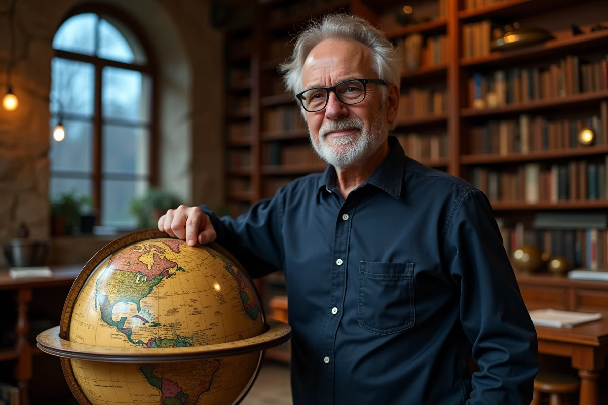 Astronome examinant un globe céleste vintage dans un observatoire universitaire historique