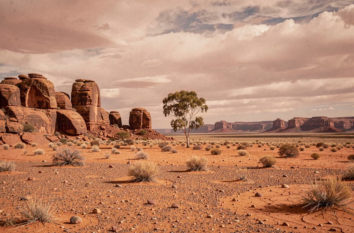 Paysage désertique rouge de l'outback australien avec des formations rocheuses grès et un eucalyptus isolé, évoquant le continent-pays à faible densité