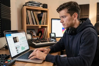 Blogueur musique électronique frustré devant un écran affichant de faibles statistiques de trafic sur son blog musical