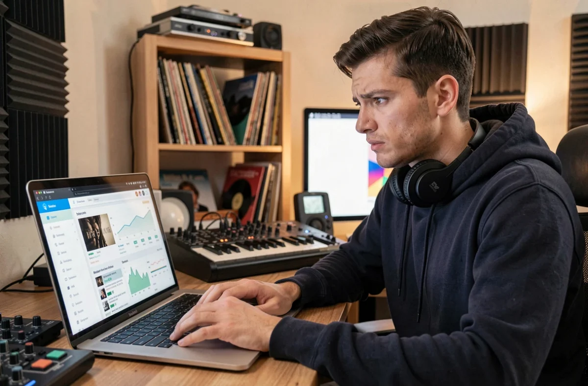 Blogueur musique électronique frustré devant un écran affichant de faibles statistiques de trafic sur son blog musical