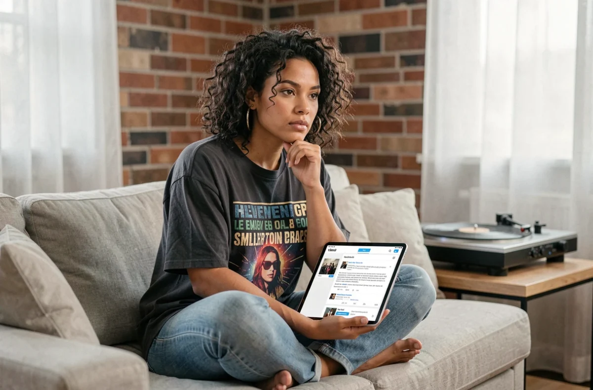 Blogueuse musique électronique analysant l'engagement insuffisant de ses articles sur une tablette dans un appartement moderne