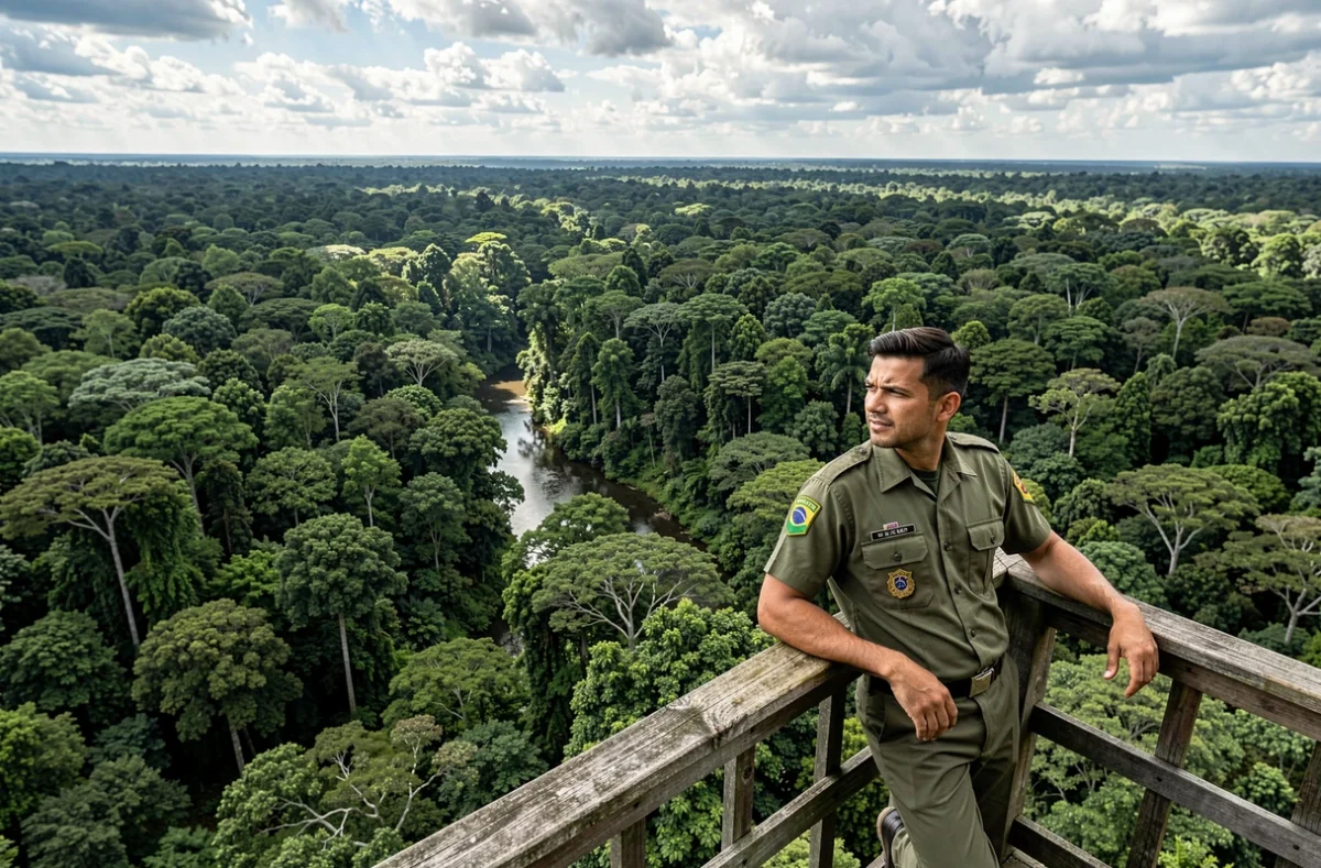 Garde forestier brésilien observant la canopée amazonienne depuis une tour en bois, illustrant l'immensité du Brésil géant sud-américain