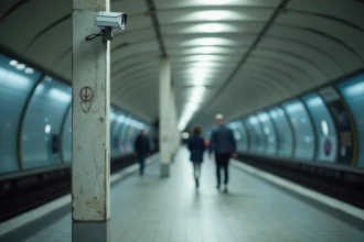 Caméra de surveillance dans une station moderne du métro parisien ligne 14 avec architecture voûtée en béton poli