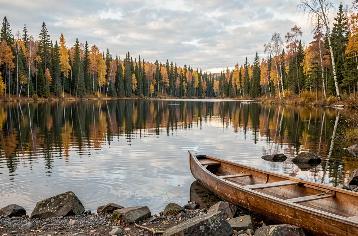 Lac sauvage en forêt boréale canadienne avec un canot en bois sur la rive rocheuse, évoquant les vastes étendues inhabitées du Canada