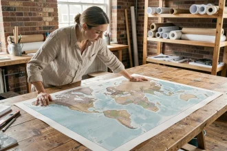Femme étudiant une carte du monde grand format imprimée sur papier mat posée sur une table de studio d'atelier