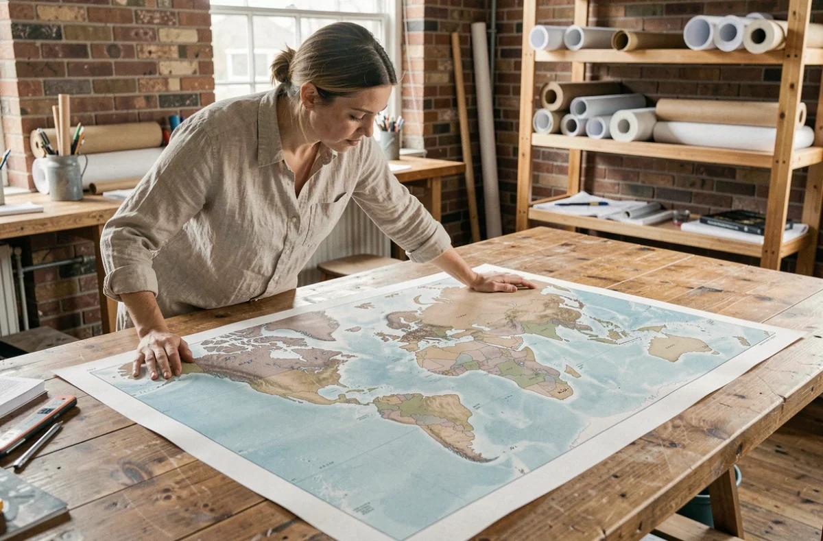 Femme étudiant une carte du monde grand format imprimée sur papier mat posée sur une table de studio d'atelier
