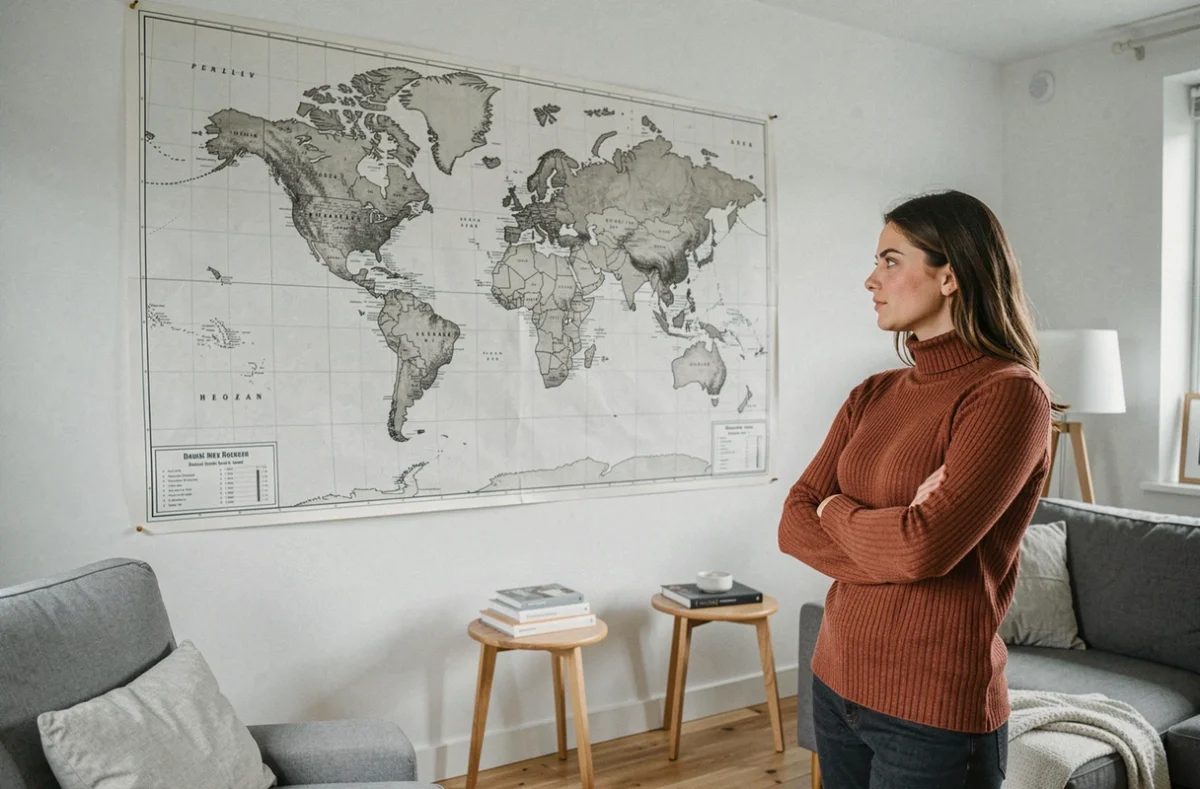 Jeune femme admirant une carte du monde grand format en noir et blanc accrochée au mur d'un salon scandinave