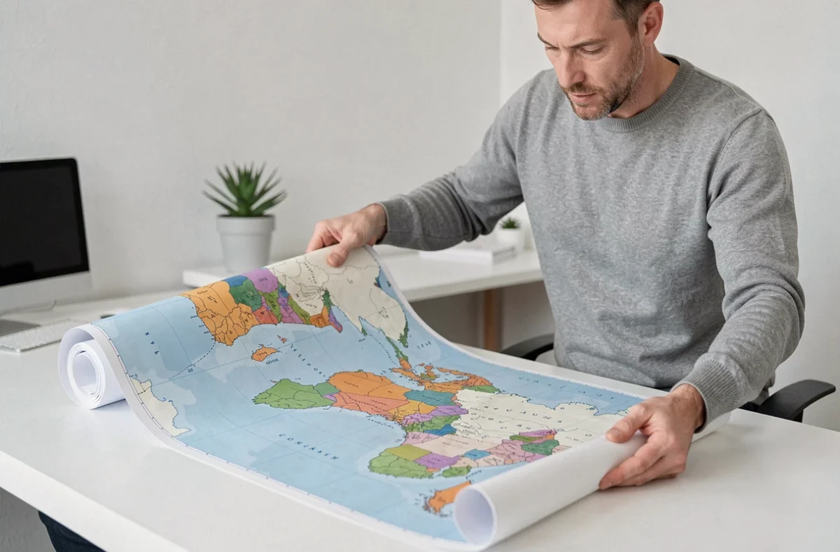 Homme déroulant une carte du monde grand format imprimée sans pixelisation sur un bureau de bureau à domicile moderne