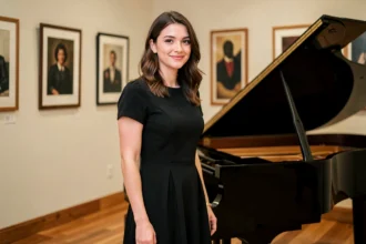 Portrait d'une chanteuse au piano dans un studio de musique élégant, évoquant une relation artistique et personnelle complexe