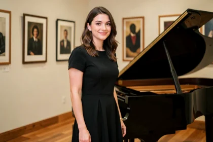 Portrait d'une chanteuse au piano dans un studio de musique élégant, évoquant une relation artistique et personnelle complexe