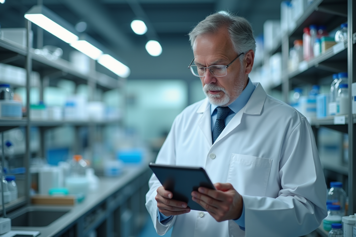 Chercheur en laboratoire examinant des données sur tablette