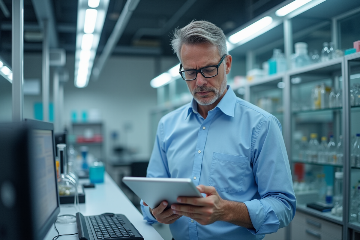 Chercheur en laboratoire examinant une tablette numérique