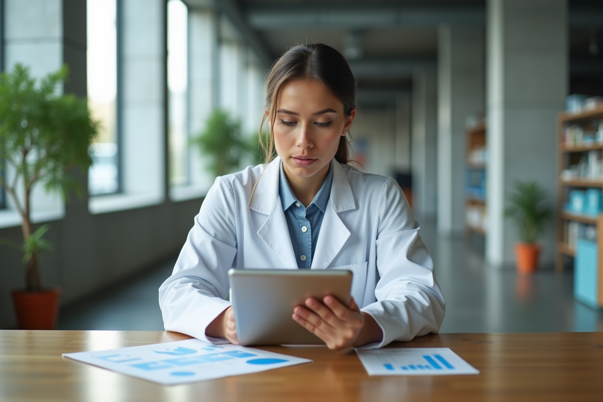 Jeune chercheuse en laboratoire analyse des graphiques digitales