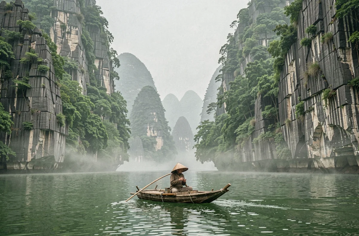 Paysage de karst calcaire de Guilin en Chine avec un pêcheur sur un radeau traditionnel sur la rivière Li, reflet des tensions frontalières autour de neuf millions de km²