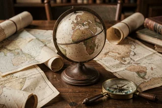 Globe terrestre ancien posé sur un bureau en chêne entouré de cartes géographiques dépliées, symbolisant le classement des plus grands pays du monde