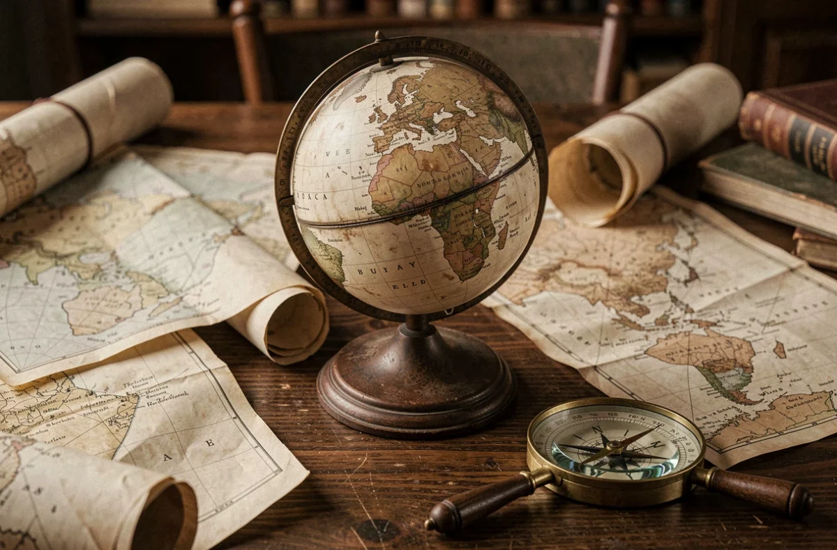 Globe terrestre ancien posé sur un bureau en chêne entouré de cartes géographiques dépliées, symbolisant le classement des plus grands pays du monde