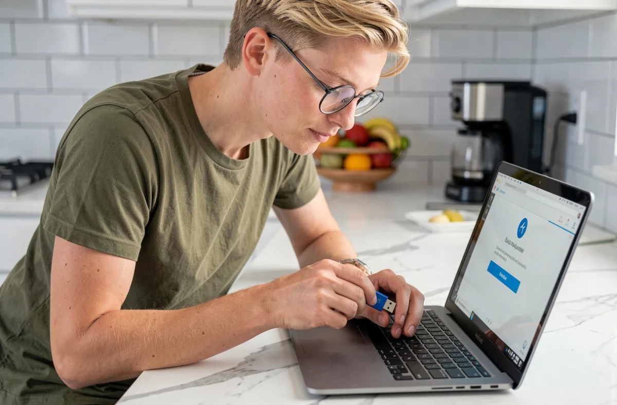 Personne configurant une clé USB de sécurité pour l'authentification à deux facteurs sur un ordinateur