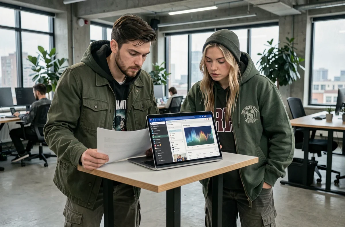 Deux créateurs de blog musique électronique collaborant sur une stratégie de contenu dans un espace de coworking urbain