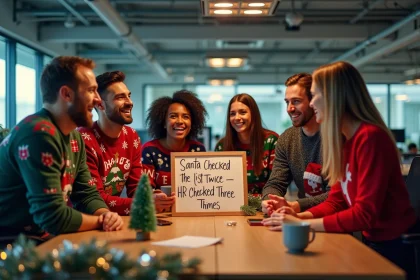Collègues de bureau en pulls de Noël rigolos riant autour d'un bureau décoré avec une pancarte humoristique des fêtes