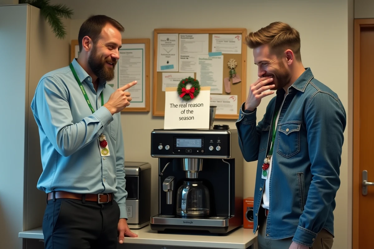 Deux collègues masculins riant devant la machine à café décorée pour Noël avec un panneau humoristique en salle de pause