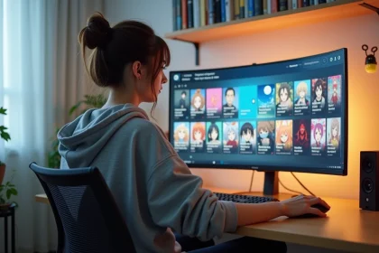 Jeune femme comparant des plateformes de streaming anime sur un grand écran dans un bureau maison moderne
