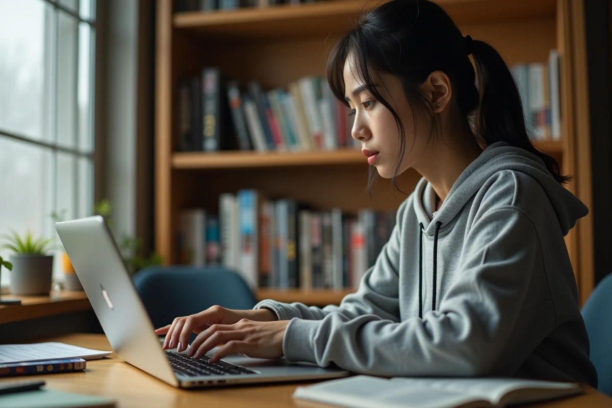 Jeune femme comparant des sites de lecture de manga sur son ordinateur portable dans un bureau à domicile chaleureux
