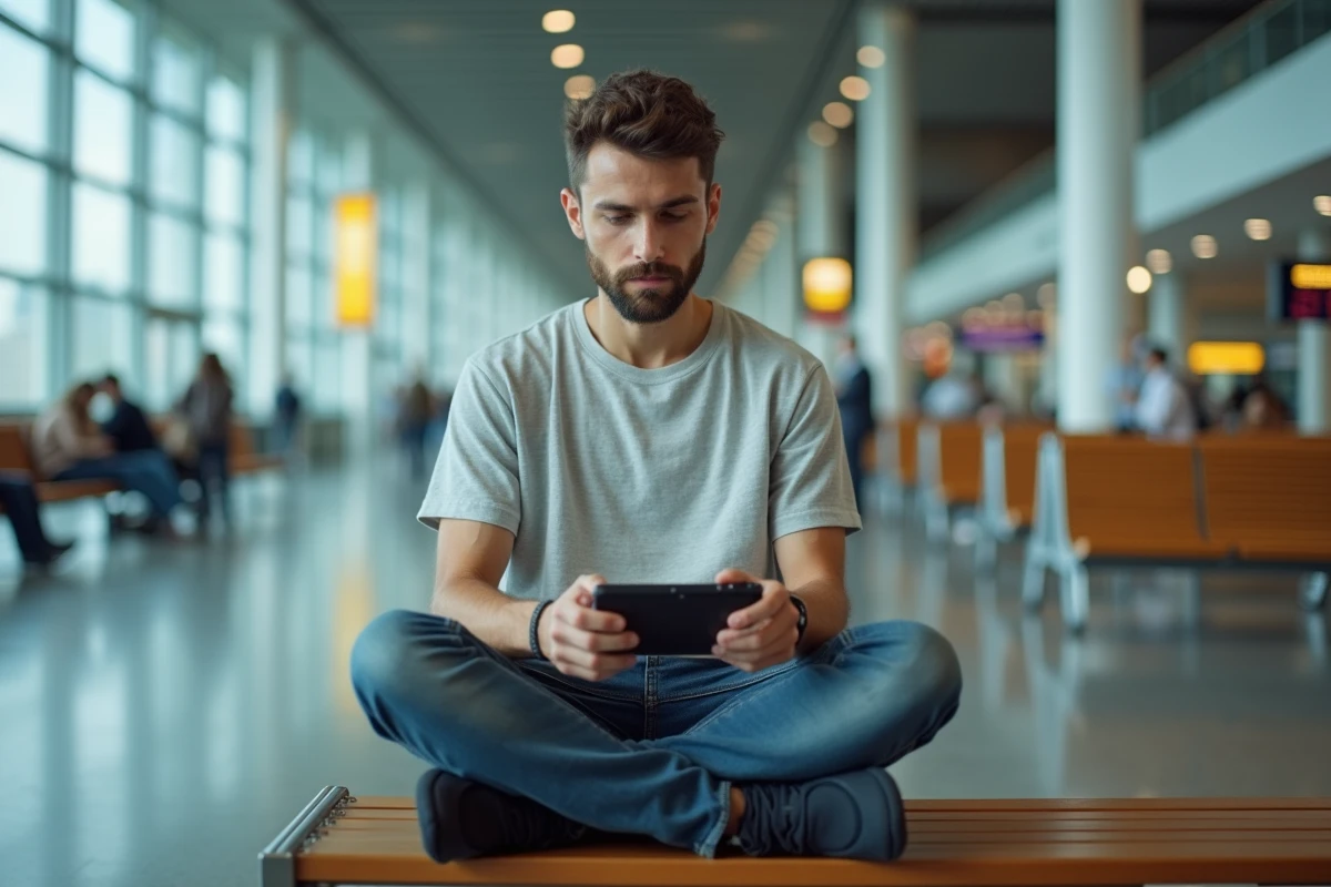 Homme tenant une console portable Sony PlayStation dans un terminal d'aéroport moderne, idéal pour voyager léger