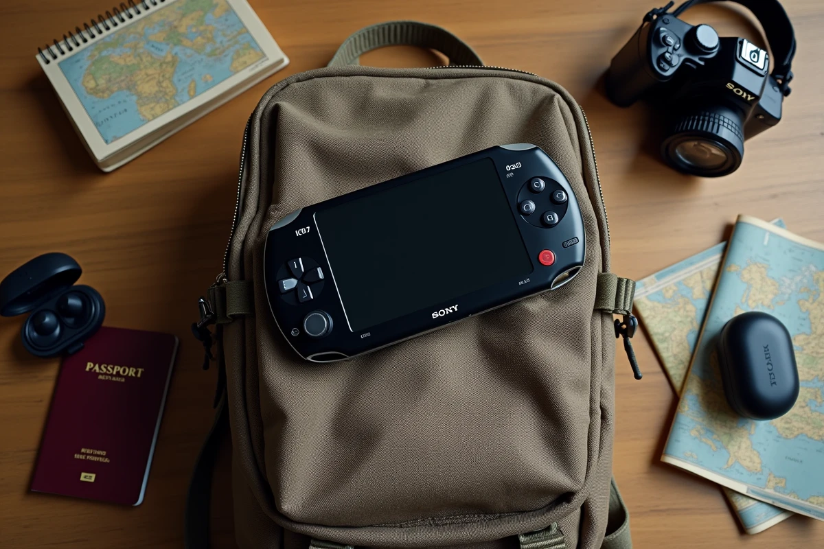 Console portable Sony PlayStation posée sur un sac à dos de voyage avec accessoires de transport, vue du dessus