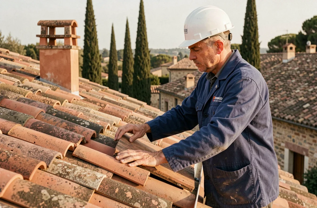 Artisan couvreur de Construction Rénovation du Midi posant des tuiles romaines sur un toit en pente