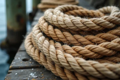 Gros plan sur des cordages nautiques tressés et enroulés sur un quai en bois vieilli au bord d'un port