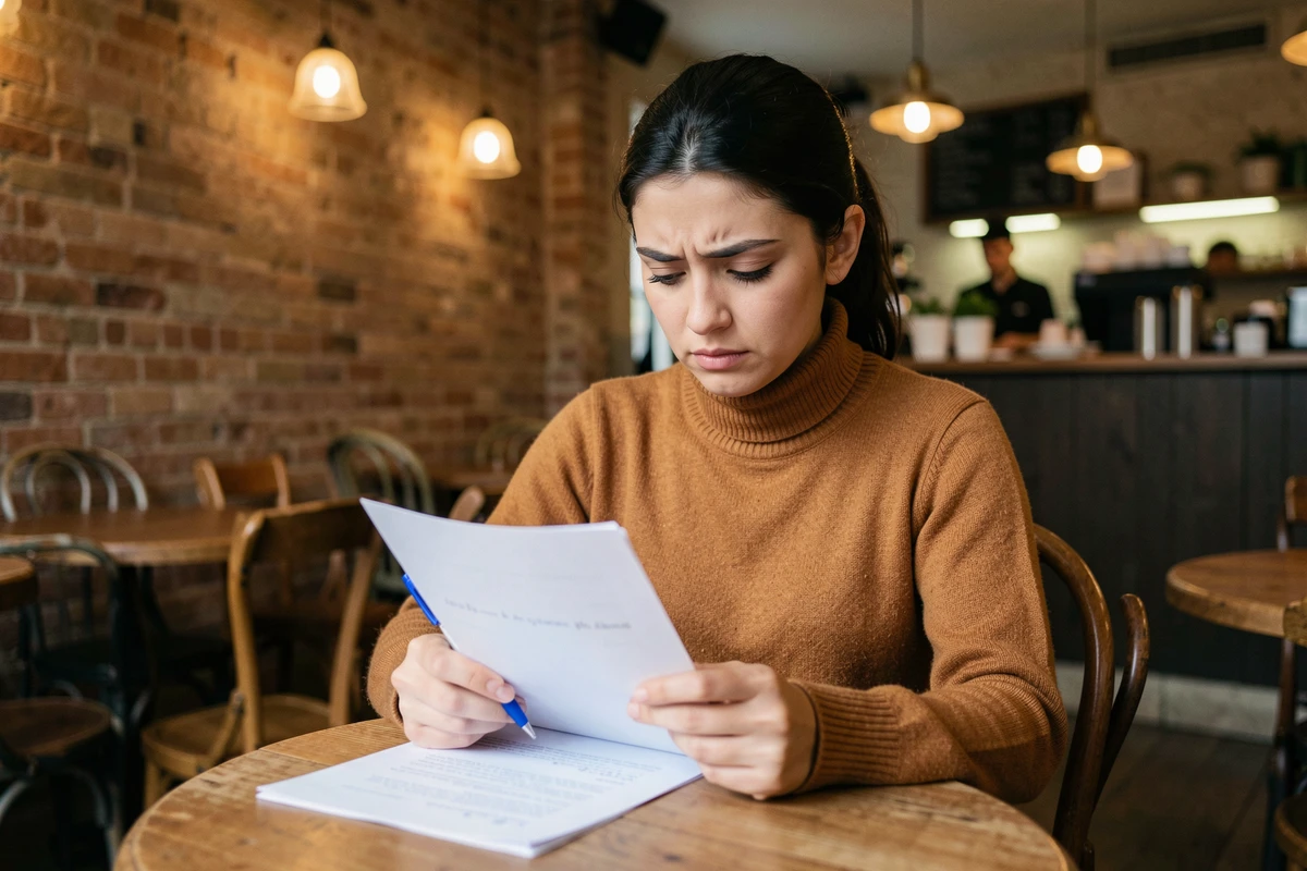 Jeune femme relisant un document en café parisien et corrigeant une faute de grammaire française au stylo