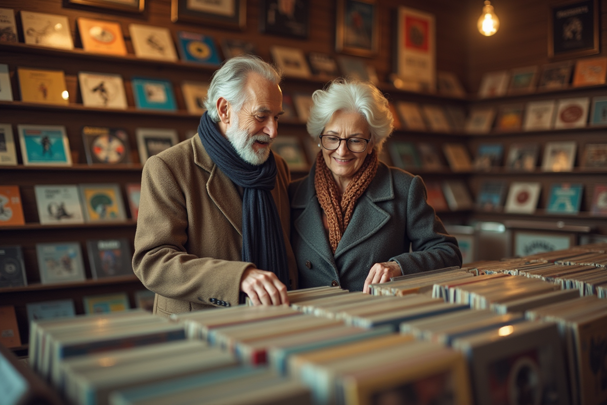 Couple retraité feuilletant des disques vinyles en magasin