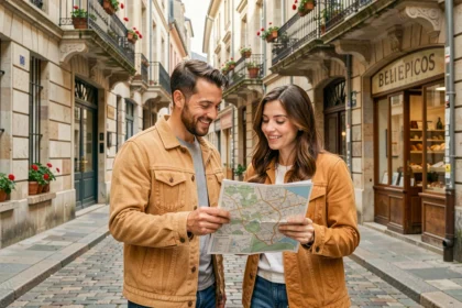 Couple explorant le quartier historique de Limoges avec une carte pour choisir leur futur logement